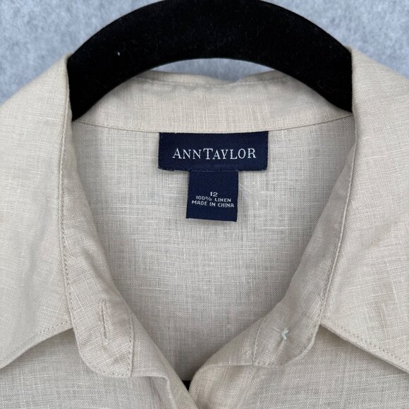 Ann Taylor Womens Linen Sleeveless Button Up Shirt Top Size 12 Tan Collared Chic - Picture 5 of 10